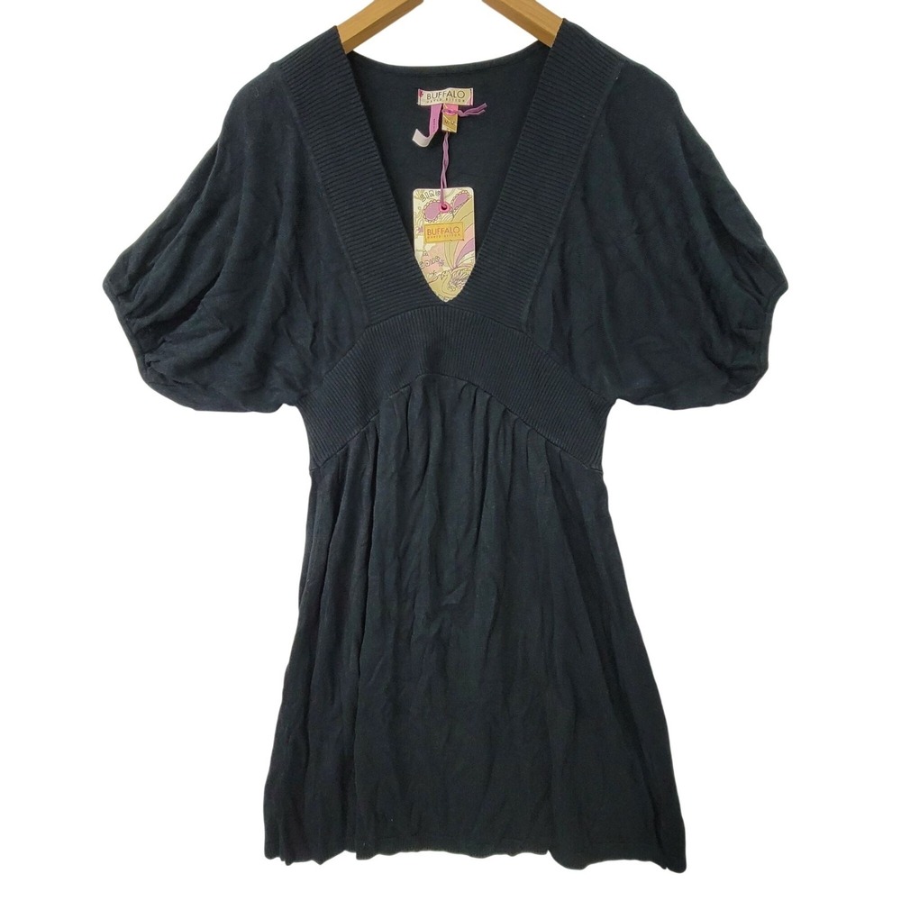 NWT Buffalo David Bitton Vintage Black V-Neck Short Sleeve Knit Dress Sz Medium